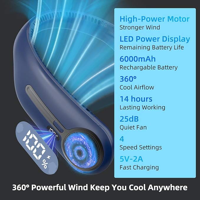 Portable Neck Fan,Hands Free Personal Wearable Bladeless Fan,6000mAh USB Rechargeable,360° Cooling,LED Display,4-Speeds,Birthday Gifts for Men Women Dad Mom,Stocking Stuffers Christmas Gifts (Blue)