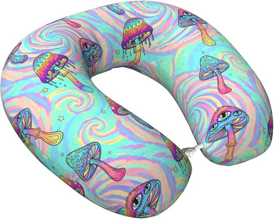 Support Neck Pillow for Youth Travel, Washable Airplane Chin Supporting and Relax U Shaped Pillows Colorful Trippy Mushroom Art