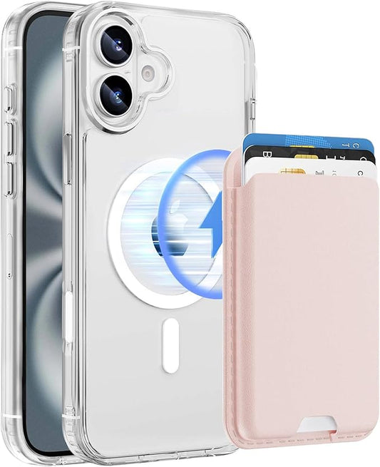 Ntwinro Magnetic for iPhone 16 Plus Clear Case (Compatible with MagSafe) with Pink Detachable Wallet & Card Holder for 3 Cards [RFID Blocking] Military Grade Protective Slim Phone Cover
