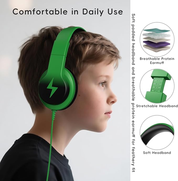 Kids Headphones, Wired Headphones for Kids Over Ear with Microphone, 85/94dB Volume Limiter Headphone for Girls Boys, Foldable Headphone for Learning & Entertainment, Black and Green