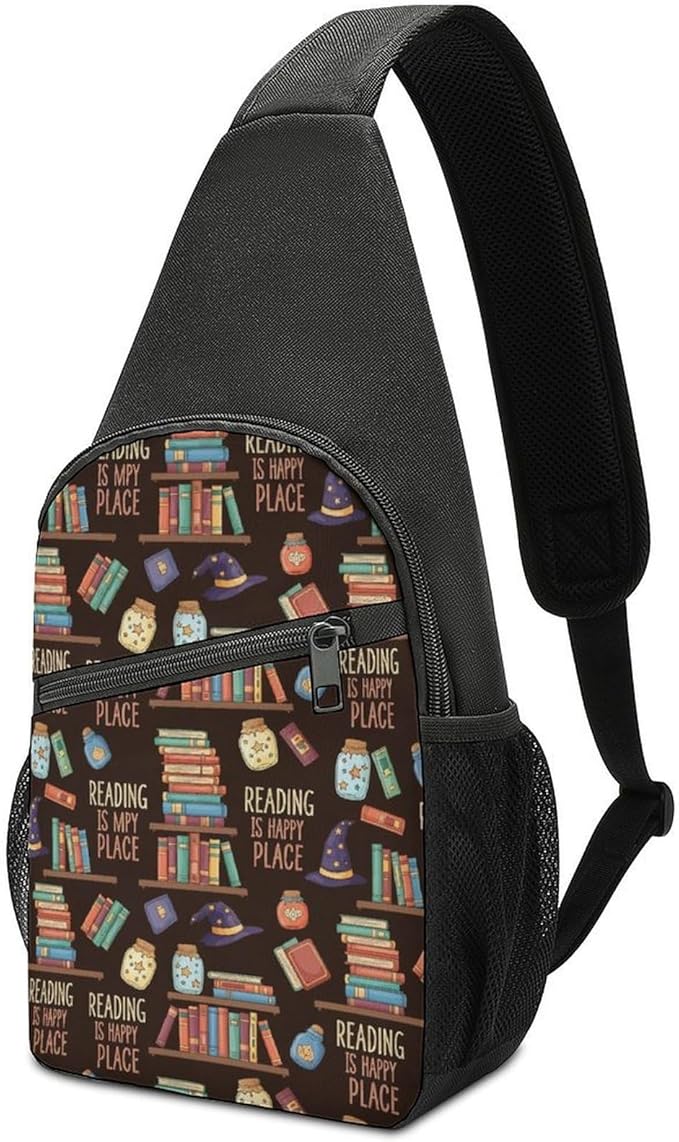 SWEET TANG Women's Cool Chest Bag Gym Sack Fashion Sling Shoulder Backpack Outdoor Sports Daypack Reading Book Is My Happy Place, Multipurpose Adjustable Bag Small Camera Case for Daily Use