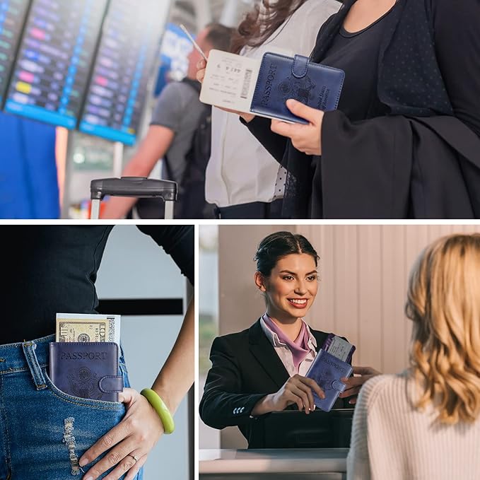 RSAquar Passport Holder for Women and Men, Premium PU Leather Travel Passport Wallet RFID Blocking Passport Cover Travel Documents Organizer with Pen Holder, Blue