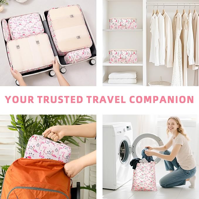 BAGAIL 8 Set Packing Cubes Luggage Packing Organizer Bags for Travel Accessories-Pink Flamingo