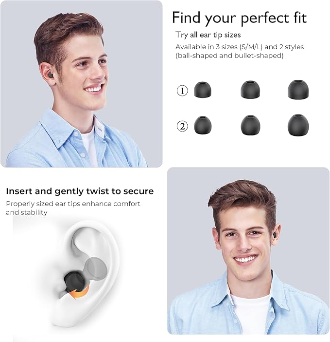 2 Pairs Ear Plugs for Sleeping, Soft Full Silicone Ear Plugs for Noise Reduction 25dB, Reusable Hearing Protection Earplugs for Concert, Focus, Noise Sensitivity, 8 Ear Tips in S/M/L - Black