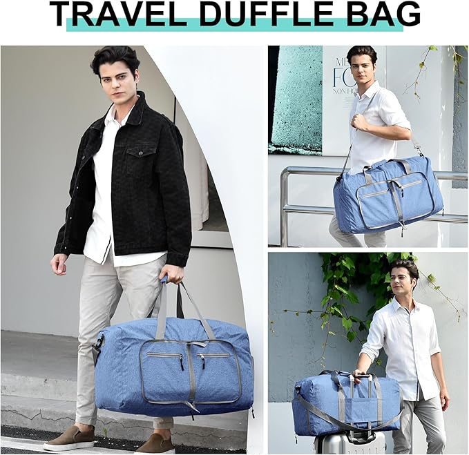 Dimayar 40L Travel Duffle Bag for Men Women - Foldable Duffel Bag with Shoes Compartment - Overnight Bags Waterproof & Tear Resistant(Blue)