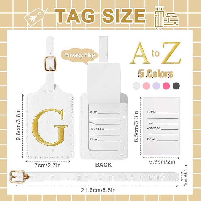 Personalized Initial Luggage Tags for Suitcase TSA Approved, White Leather Cute Luggage Tag with Privacy Cover Name Card, Embroidered Custom Luggage Tags Travel Baggage Tags Gifts for Women Kids(G)