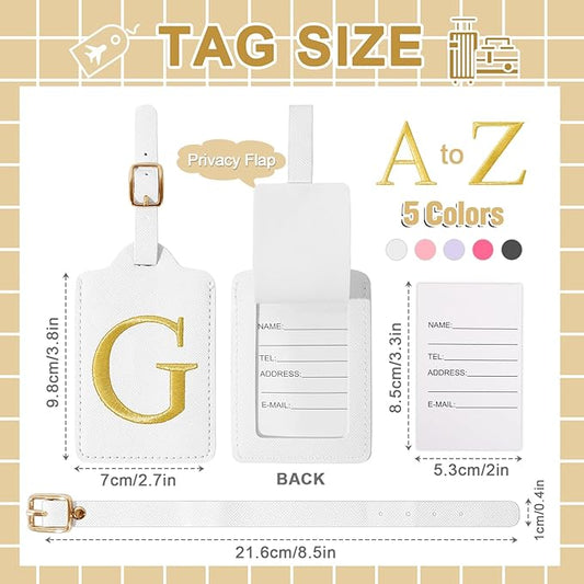 Personalized Initial Luggage Tags for Suitcase TSA Approved, White Leather Cute Luggage Tag with Privacy Cover Name Card, Embroidered Custom Luggage Tags Travel Baggage Tags Gifts for Women Kids(G)
