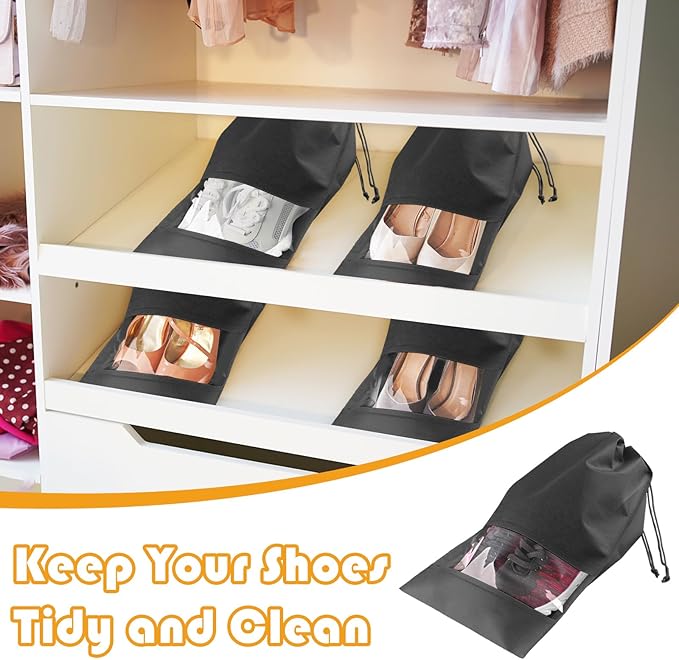 Large Black Travel Shoe Bags - 5 Pcs with Clear Window, Non-Woven Drawstring, 12.6" X 17.3" for Men Women