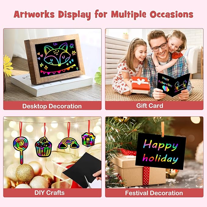 ZMLM Scratch Paper Art Set: 60Pcs Magic Drawing Art Craft Kid Scratch Paper Supplies Toddler Preschool Learning Toys for Age 3 4 5 6 7 8 Girls Boys Birthday Activities Party Favors