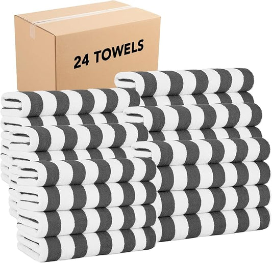Arkwright California Cabana Stripe Beach Towel Bulk - Case of 24 - Large Soft Quick Dry Cotton Terry Towels Set for Pool, Swim, and Hot Tub, Oversized 30 x 70 in, Dark Grey