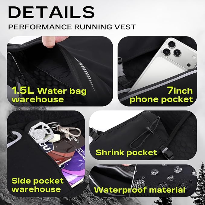 Running Vest for Women Men with 1.5L Water Bag，Lightweight Mesh,Breathable,sweatproof,Adjustable Chest Waist Straps, Large-Capacity Pocket，Reflective Design Hiking Vest for Hiking、 Marathons、Cycling