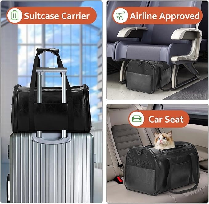 Fashion Leather Dog Carrier Cat Carrier Airline Approved Pet Carrier for Small Medium Dogs Cats Under 15Lbs, Collapsible Soft Sided Travel Puppy Carrier