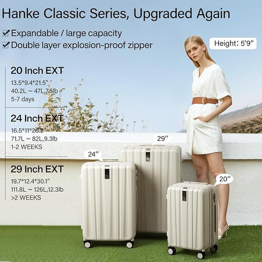 Hanke 24 Inch Expandable Checked Luggage Lightweight PC Hard Case luggage Suitcases with Wheels Travel Luggage Rolling Large Suitcase Travel Luggage Bag for Go To University.(Ivory White)