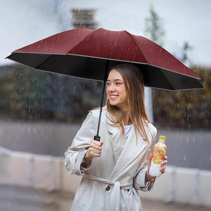 Yoobure Inverted Windproof Travel Umbrella - Automatic Umbrellas for Rain, Compact Folding with Reflective Stripe, Portable Large for Backpack, Lightweight with Sun UV Protection