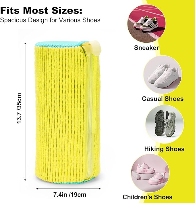 Shoe Washing Machine Bag - Laundry Shoe Bag (2-Pack) Includes 3 Laundry Bags, Reusable, Washer & Dryer Safe, 360° Deep Cleaning for All Shoe Types, Self-Locking Zipper(Yellow)