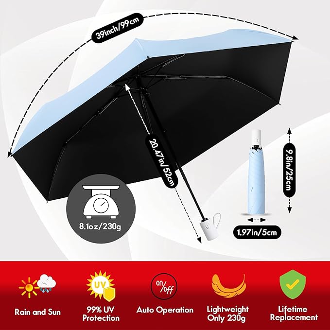 Auto Open Close Umbrella - Ultra Light Compact Travel & Backpack Size for Women and Men, UPF 50+ Eco-Friendly Sun Protection & Windproof Rain Umbrella with UV Defense