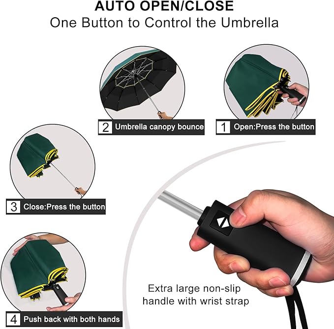 Satol Extra Large Golf Umbrella, 46/54/62 Inch Windproof 10 Ribs Vented Double Canopy Reflective Strips Automatic Open/Close Waterproof UV Protection Portable Compact Umbrella for Outdoor & Travel