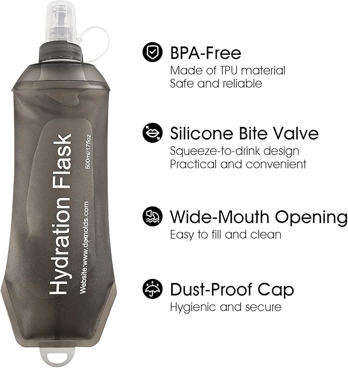 GYGYL Soft Flask, TPU Collapsible Soft Water Bottle for Hydration Pack, Running Vest, Leak-Proof Folding Water Bottle for Hiking Cycling Climbing Jogging-250ml Grey