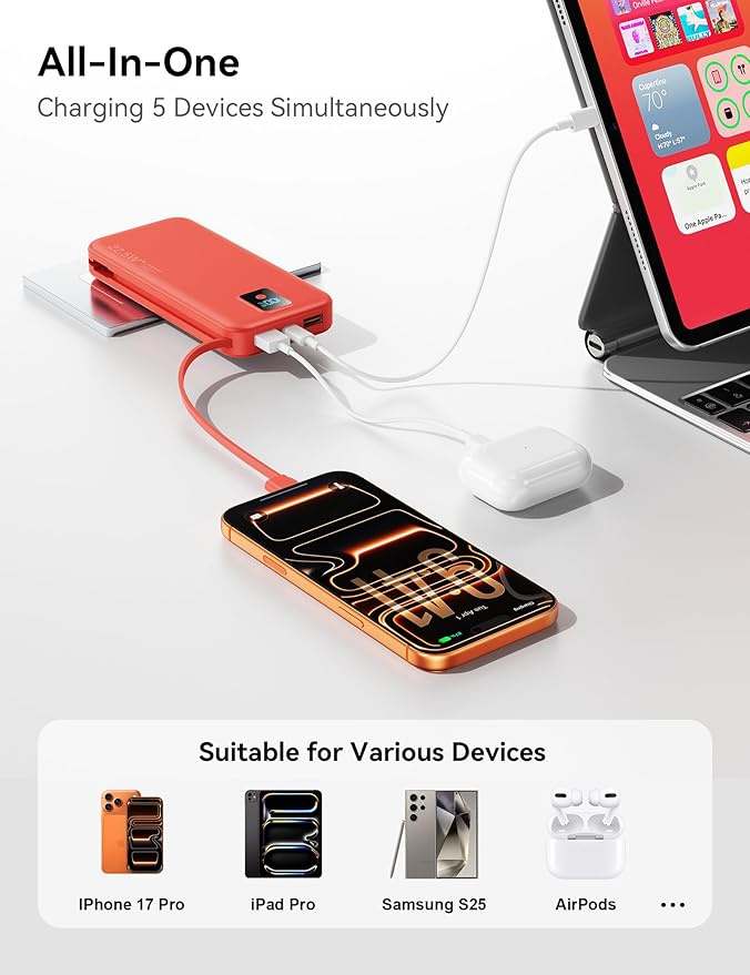 Portable Charger, 12000mAh 22.5W Fast Charging Power Bank with Built-in Cables & Wall Plug, Travel Essential Battery Pack with LED Display, USB C Battery Phone Charger for iPhone, iPad, Samsung Red