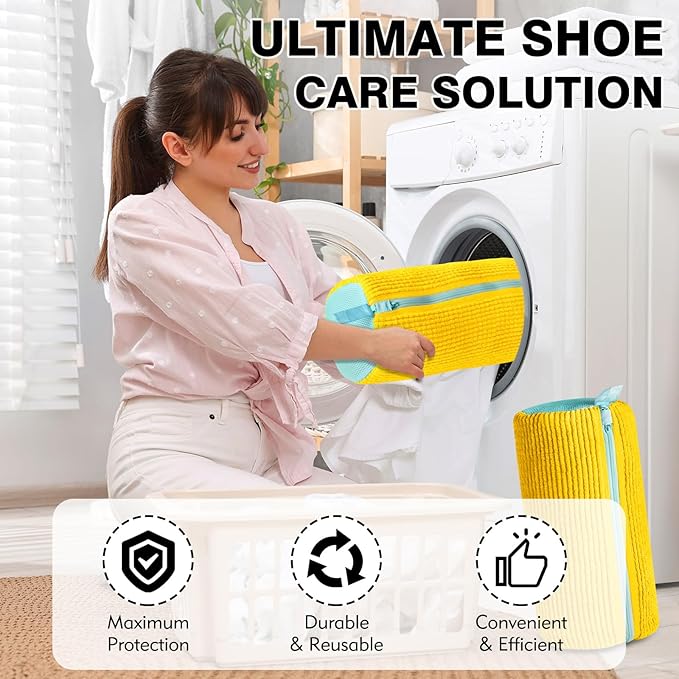 Shoe Washing Machine Bag 2PCS Shoe Laundry Bag for Washer and Dryer Deep Clean for Tennis Shoes, Sneakers and Slippers with Self-locking Zipper (Yellow)