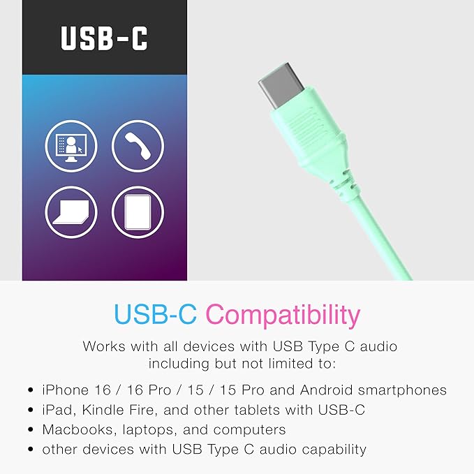 MEE audio KidJamz KJ55 Personalized USB-C Safe Listening Wired Headphones for Kids with Custom LED-Backlit Design, Volume Limiter, & Microphone for iPhone 15, iPad, & USB Type C Devices (Mint)