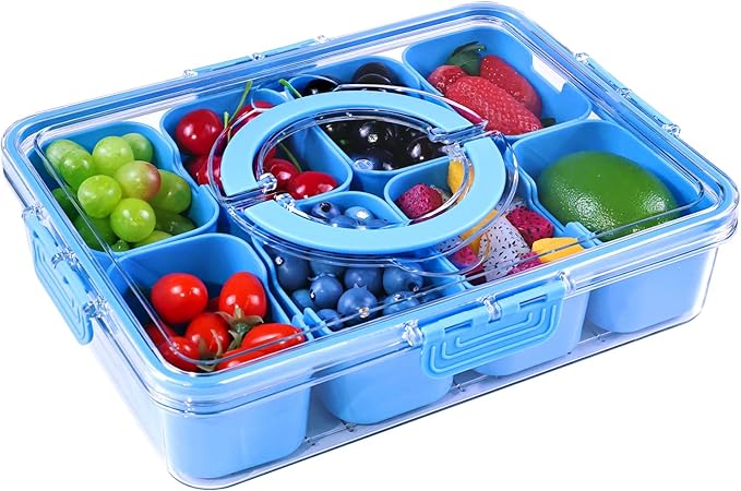 Yuroochii Snackle Box Container, Portable Snack Box 8 Compartment Divided Serving Tray with Lid & Handle, Clear Snack Charcuterie Platter for Travel Candy Party Fruit Salad (Blue)