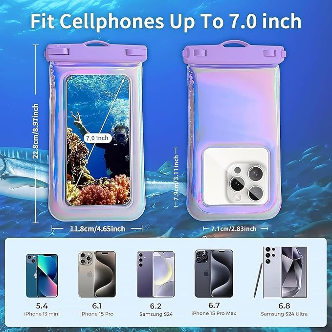 Floatable Waterproof Phone Pouch Case 2 Pax for iPhone 17 16 Pro Max/15/14/13/12,IP68 Travel Cellphone Dry Bag Beach Cruise Ship Essentials Bags with Crossbody Lanyard, Iridescent Purple and Black-7″