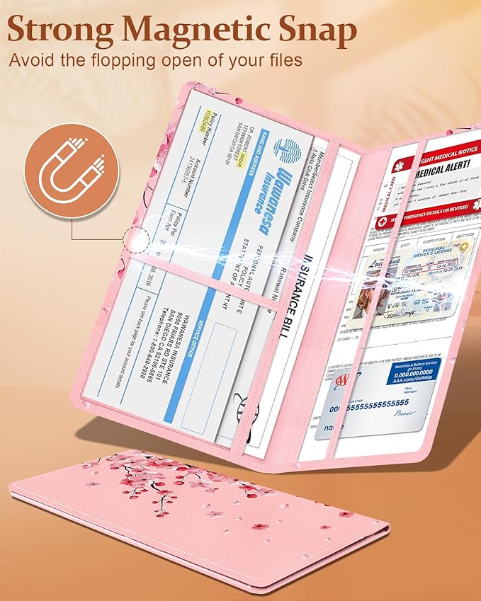 Slohif Car Registration and Insurance Card Holder - Peach Blossom Vehicle Glove Box Organizer Women with Magnetic Shut Leather Automobile License Holders Coasters Auto Accessories Case for Document