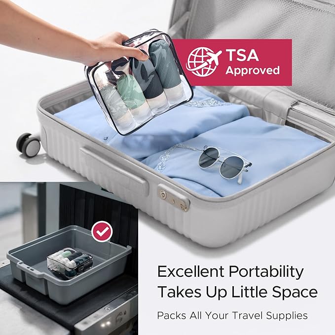LitBear 23 Pack TSA Approved Travel Bottles for Toiletries, Leak Proof Refillable Travel Size Containers Kit with Silicone Squeezable Bottles Jars for Shampoo Lotion Conditioner, in Clear Bag, Gray