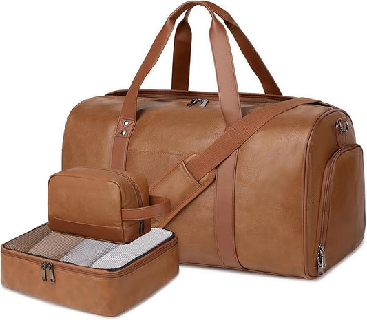 Wogarl 3PCS Faux Leather Weekender Bag for Women Men Large Overnight Bags Travel Duffel with Shoe Compartment Toiletry Packing Cube Carry On Tote Fit 21" Laptop(Light Brown)