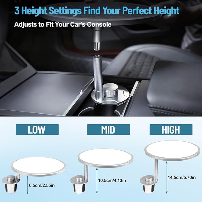 Car Tray Table & Car Desk for Laptop with 2 Risers and Anti-slip Pad, 360° Rotating Cup Holder for Working and Eating Compatible with Tesla Model 3/Y/S/Ensure The Cup Holder is Round/White