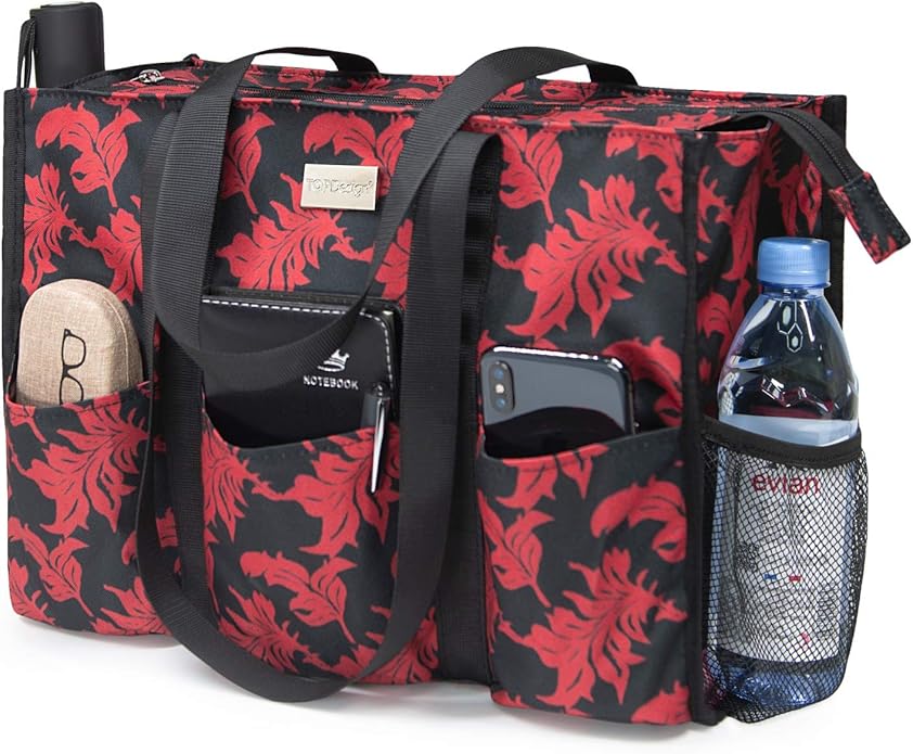 TOPDesign Utility Water Resistant Tote Bag with 13 Pockets, Top Zipper Closure & Thick Bottom Support, for Working Women