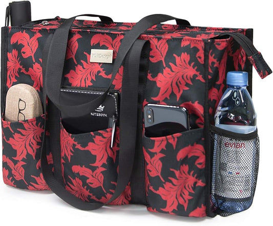 TOPDesign Utility Water Resistant Tote Bag with 13 Pockets, Top Zipper Closure & Thick Bottom Support, for Working Women