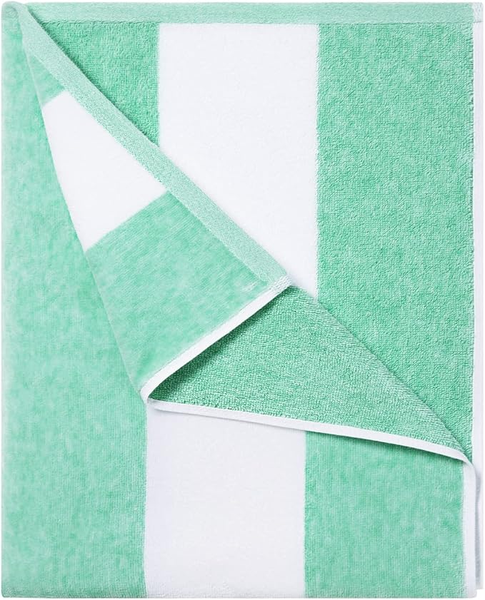 Cotton Oversized Beach Towel - Large 70 x 35 Inch Pool Towel, Green Striped Quick Dry Swimming Cabana Towel