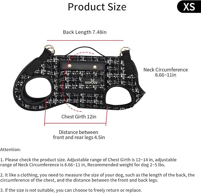 Wakytu Dog Lift Harness Dog Carrier Dog VES Harness Adjustable Dog Leash with Small Puppy Treat Bag（Black,XS）