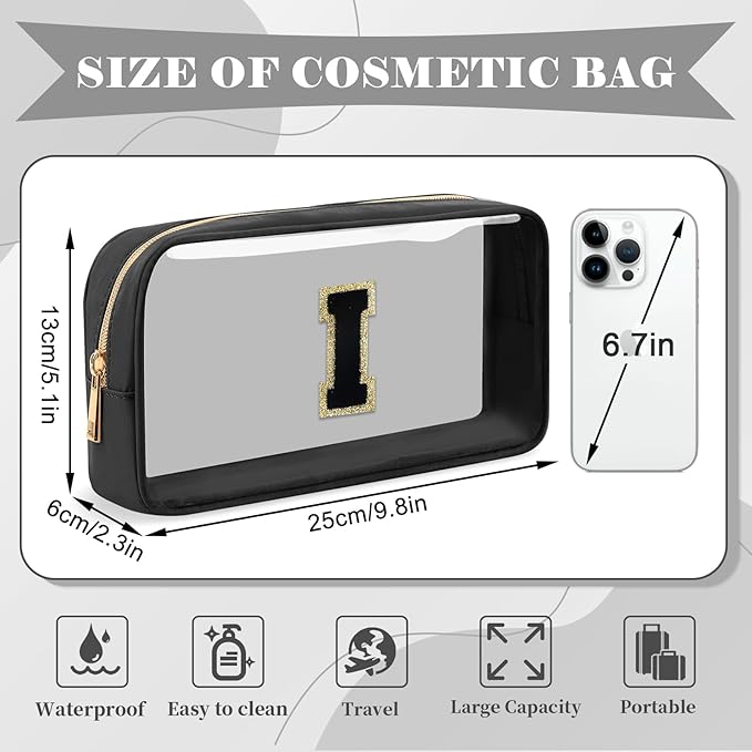 Personalized Initial Letter Clear Makeup Bag,Preppy Small Nylon&PVC Cosmetic Zipper Bag with Chenille Letter,Travel Skincare Toiletry Bag,Monogram Christmas Gift for Teen Girls Women,I