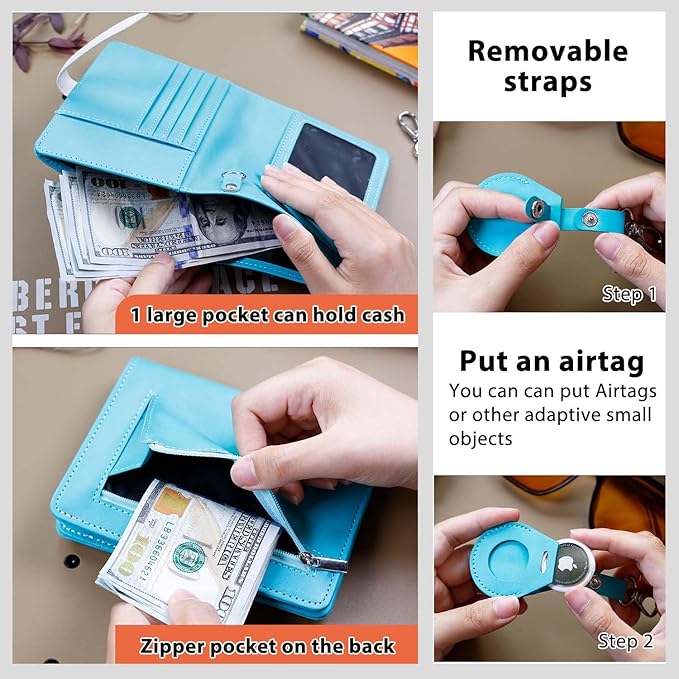 Passport Holder with Airtag for Women/Men,Airtag Passport Wallet for Travel,Cute Passport Holder Rfid Blocking,Travel Wallet for Cards Passport Cover Case (Blue)