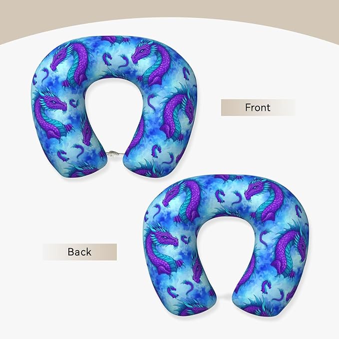 Memory Foam Airplane Pillow Purple Dragon for Car Chin Head Neck Supporting, U Shape Pillows Travel Cushion for Office, Nap Sleeping