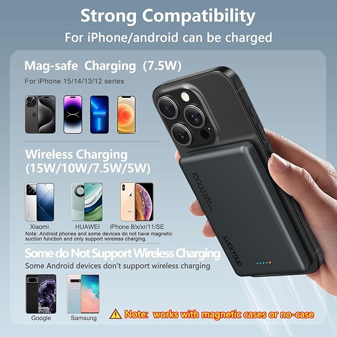 LUCKYDUO Ultra Slim 10000mAh for Magnetic Portable Charger,0.47IN Thin Wireless Magnetic Power Bank, Compact Battery Pack with PD 20W Two Way USB-C Charging,Compatible with iPhone 16/15/14/13 Series