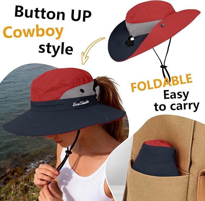 ZOORON Women's Ponytail Safari Sun Hat,Wide Brim UV Protection Outdoor Bucket Hat,Foldable Beach Summer Fishing Hat