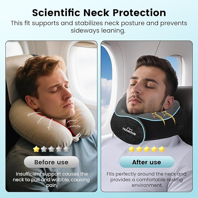 Teemour Upgraded Neck Pillow for Airplane Travel - 360° Support, Memory Foam Travel Pillow with Eye Mask & Earplugs, Portable Carry Bag for Long Flights/Car| Best Airplane Accessories Dark Grey