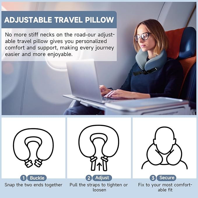 Travel Pillow/Neck Brace, Airplane Pillow with Sleep Mask and Ear Plugs, Breathable Removable Cover & Ergonomic Design - Essentials Travel Neck Pillow for Airplane, Car, Office & Home Use (Blue)