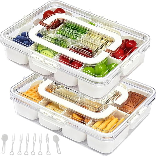 VINGVO Snackle Box, 2Pack Divided Serving Tray with Lid and Handle, 8 Compartment Portable Travel Snack Container for Adults & Kids