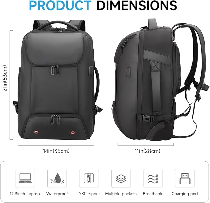 Carry On Backpack,17.3" Travel Backpack with Shoe Compartment,50L Wheeled Backpack Carry On Luggage,Laptop Compartment & USB Charging Port & TSA Approved Lock for Business,Black