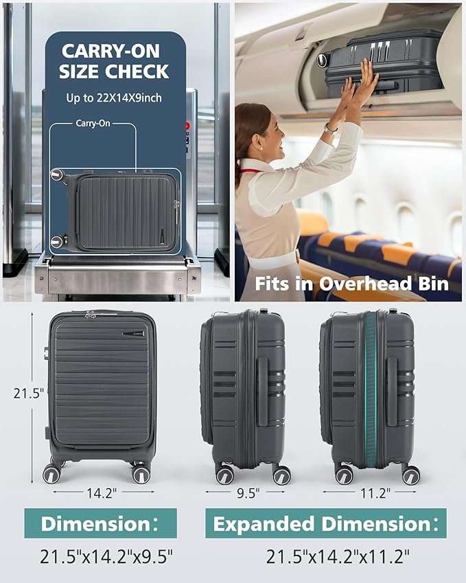 RAINSMORE Expandable Carry on Luggage 20 Inch, Airline Approved Carry on Suitcase with Front Pocket&Laptop Compartment, Hardshell Rolling Travel Luggage with Spinner Wheels,Charcoal