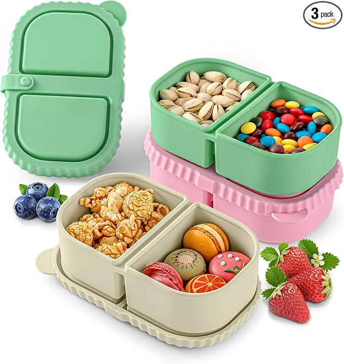 3 Pack Silicone Reusable Snack Containers with Lids - 8 Oz Double Compartment Snackle Box for Kids & Adults, Leakproof Small Divided Dipping Sauce Cup for School, Office, Picnic