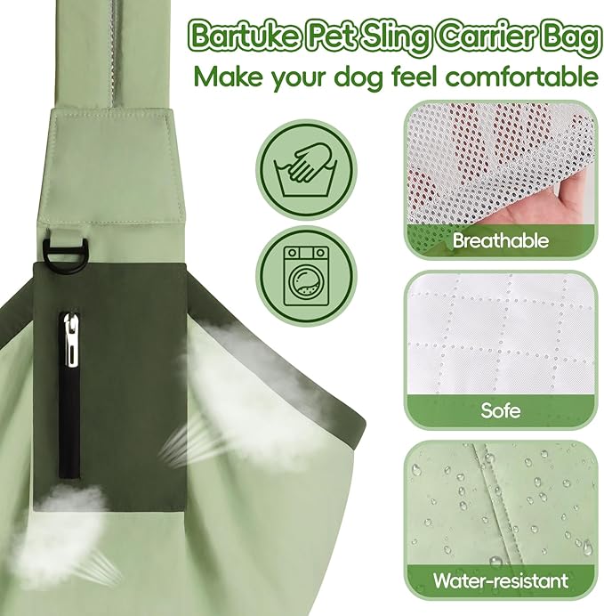 Bartuke Dog Carrier Sling, Hands Free Pet Sling Carriers for Small Dogs and Cats, Thick Padded Shoulder Strap Adjustable Dog Carriers with Storage Pocket, Water-Resistant Puppy Carrier Purse, Green