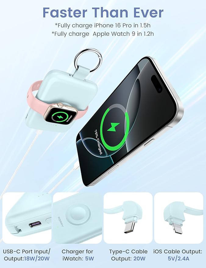 RORRY Portable Charger, 10000mAh PD 20W Fast Charging Portable Charger Power Bank with Built in Cables, Travel Battery Pack for iPhone 17/16/15/14/13/12 and Apple Watch Ultra/11/10/9/8/7/6/5, Blue