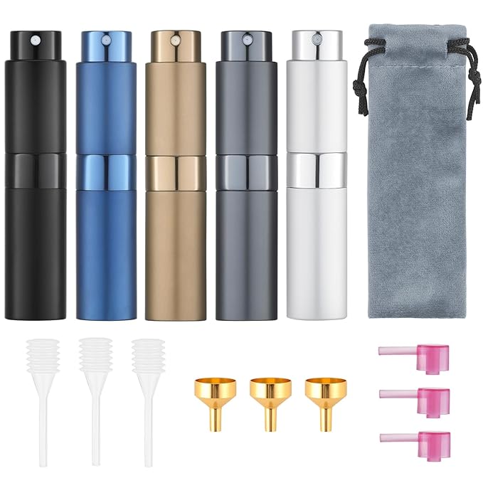 Tekson Travel Perfume Atomizer Refillable 8ml (5 PCS), Travel Cologne Sprayer Mini, Perfume Bottle Empty Small (5 Colors)