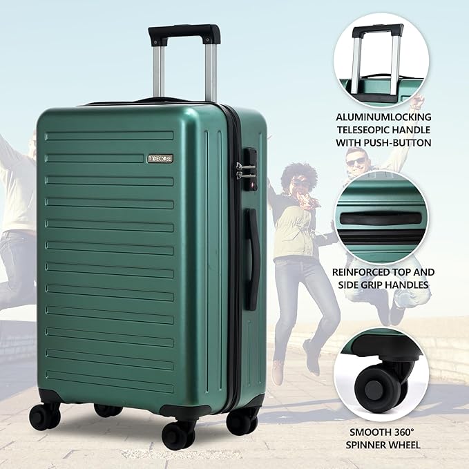 TydeCkare 2pcs 20/28" Luggage Set Lightweight HardShell, Only 20 Inch Carry On 21.65 * 15.35 * 7.87" Cabin Suitcase with Front Pocket, 28 Inch 19.68 * 11.81 * 29.92" Checked Luggage, Green